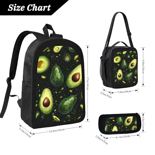 Fruit Green Avocado 3 Pcs 17 Inches Backpack Set with Insulated Lunch Bag And Pencil Pouch Large Back Pack for Men Women Lunchbox Pencil Case Waterproof Backpacks Lunch Box 3 Piece Daypacks4