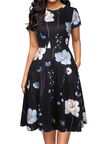 Image of oxiuly Women Casual Dress Round Neck Soft Cotton Floral A-Line Midi Summer Dresses with Pockets OX262