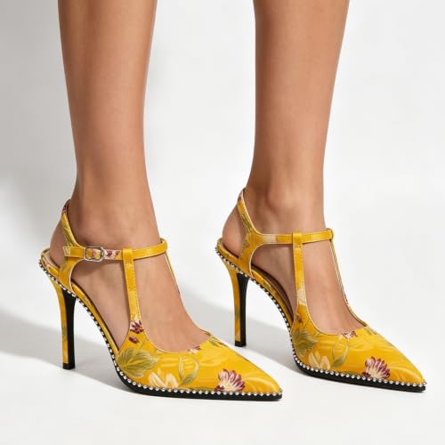 Image of SAMMITOP Womens High Heels Ankle Strap Pointed Toe Stilettos Patent Leather Beaded Pumps Dress Shoes 3.5 Inch