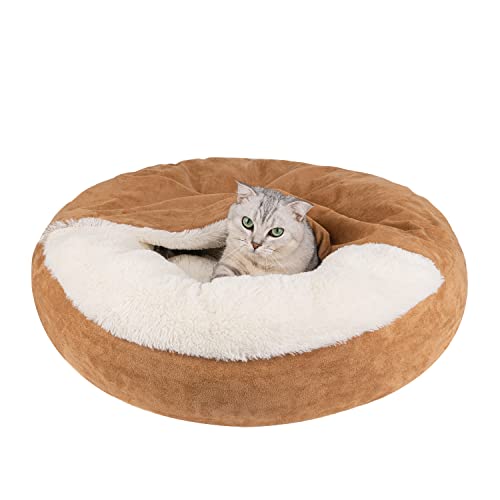 MICOOYO Hooded Dog Bed Small, Cozy Donut Dog Blanket Bed for Doggie Claming Pet Caved Bed for Cats Puppies (Small, Wheat)