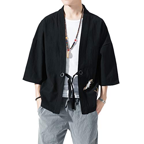 Image of PRIJOUHE Men's Kimono Jackets Cardigan Lightweight Casual Cotton Blends Linen Seven Sleeves Open Front Coat Outwear
