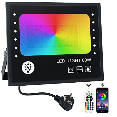 Foco LED RGB Exterior,OUSIDE 60W Foco LED Colores Proyector,IP66 Impermeable RGB Floodlight,16 Millones de Colores 28 Modos Reflector Led RGB,Para Jardín, Terraza,Interior Iluminación
