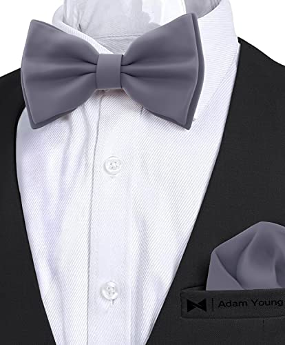 Image of Adam Young Men's Bow Ties with Handkerchief Pre-Tied Style Formal Satin Classic Bowtie for Tuxedo Faux Silk