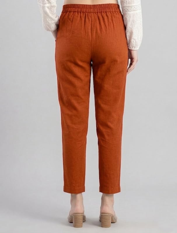 Image of Solid Cotton Woman Trousers Pants Regular Fit Kurti Pant with Drawstring Daily Office Formal Casual Use