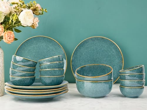 Image of Bodhi House Handcrafted Chip Resistant Ceramic Dinner Set, 20 Pieces Dish Set Serving for 6, Microwave and Dishwasher Safe, Bone-ash Free, Crockery Set for Dining and Gifting, Ocean Green