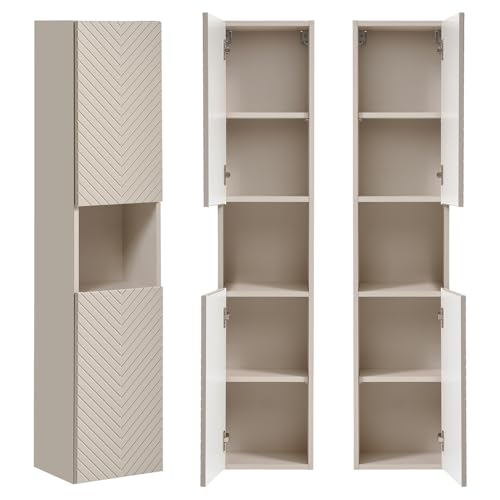 Lomadox Badezimmer Hochschrank in Kaschmir, gerillte Front, wandhängend, Links/rechts montierbar
