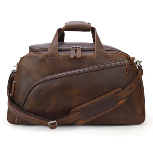 TIDING Full Grain Leather Duffle Bag for Men - 20 Inch TSA Approved Carry On Weekender Overnight Travel Duffel Bags