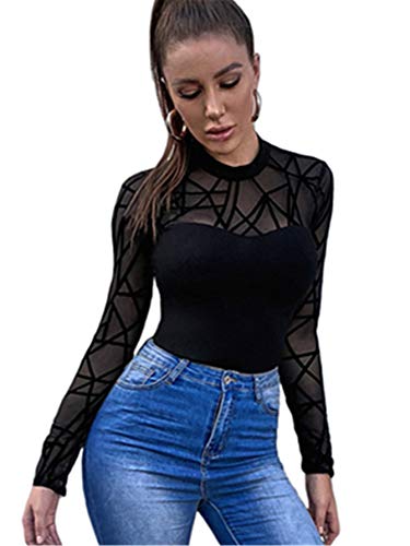 Soly Hux Women's Mock Neck Sheer Mesh Long Sleeve Slim Fit Tee Top Black Geometric M #TOP18