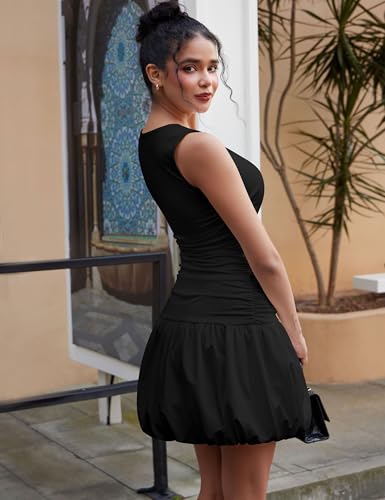 BEAGIMEG Women's Sexy Bodycon Sleeveless Ruffle Ruched Bubble Club Party Mini Dress3