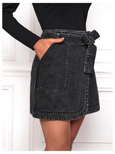MakeMeChic Women's Denim Skirt Wrap Belted Y2K Mini Jean Skirt with Pockets3