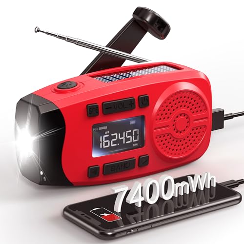 Image of Runningsnail Emergency Weather Radio, 7400mWh Hand Crank Emergency Radio with LCD Display, Support Weather Alert Radio, USB /Solar /Hand Crank, 1W Flashlight & SOS Alarm for Outdoor & Home Emergency