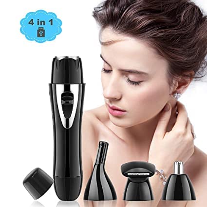 4 in 1 USB Rechargeable Waterproof Painless Facial Hair, Eyebrow, Nose Electric Trimmer for Women (Black)