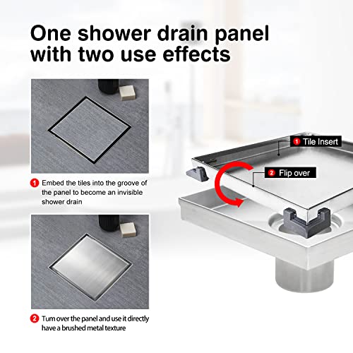 SaniteModar Shower Drain, Invisible 6 inch Square Shower Drain 2-in-1 Tile Insert Cover, 304 Stainless Steel Brushed Shower Floor Drain with Hair Catcher and Threaded Adapter