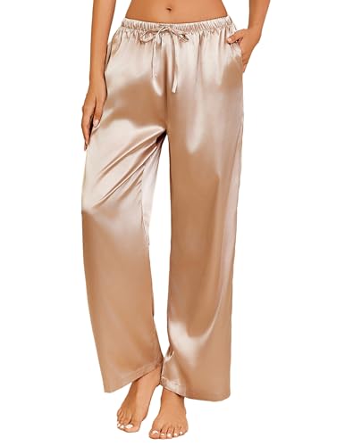 Image of Ekouaer Womens Silk Satin Pajama Pants Casual Loose Lounge Pants Drawstring Elastic Waist Wide Leg Pj Bottoms with Pockets, Khaki, Medium