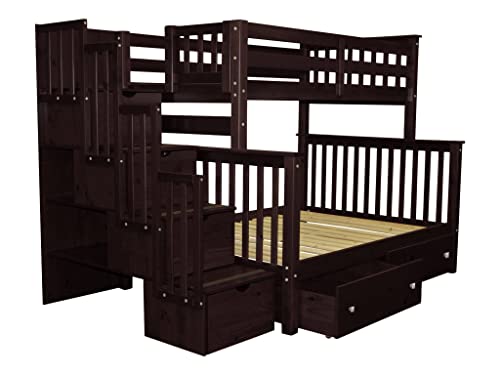 Bedz King Stairway Bunk Beds Twin Over Full With 4 Drawers In The Steps And 2 Under Bed Drawers, Dark Cherry #TOP2