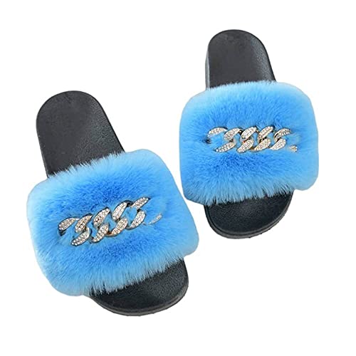 Dayiss Women Faux Fox Fur Furry Slides Fluffy Slippers Summer Feather Open Toe Single Strap Slip On Flat Sandals Outdoor Indoor