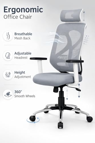 Image of Ergonomic Mesh Office Chair, High Back, Adjustable Headrest, Grey