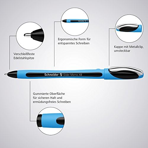 Schneider 150292 Slider Memo XB Ballpoint Pen (Line Width: XB, Made in Germany) Pack of 3, 2x Black / 1x Blue
