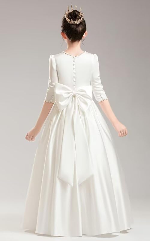 Satin Flower Girl Dresses for Wedding Pearls Pageant Dresses for Girls Birthday Party Ball Gown with Bow-Knot2