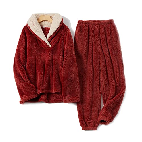 Conjunto de pijama de franela suave de forro polar coral para mujer, conjunto de pijama cálido de 2 piezas, Rojo -, S Cover