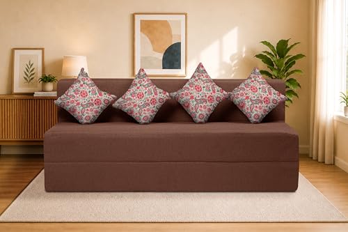 Image of Four Seater Sofa Cum Bed Jute Fabric 6 X 6 Ft| Space Saving Foldable Sofa Bed for Living Room & Guest Room | Comfortable Multi-Functional Furniture - Brown