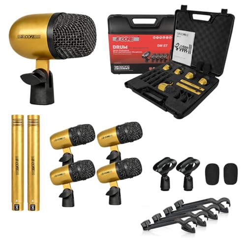 Image of 5 CORE 7 Piece Drum Microphone Set with 5 Dynamic Percussion Microphones Kick Bass, Tom /Snare and 2 Condenser Cymbals Metal Mics Complete with Thread Clip Mics Holder