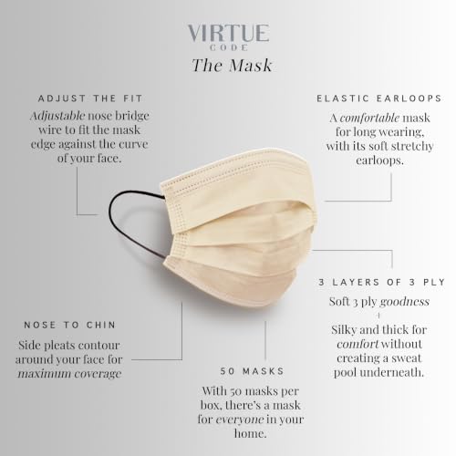 Image of VIRTUE CODE Beige Support Face Masks - Soft 3 Ply Comfort Colorful Disposable Face Mask 50 Pack. Adults Mens and Womens Disposable