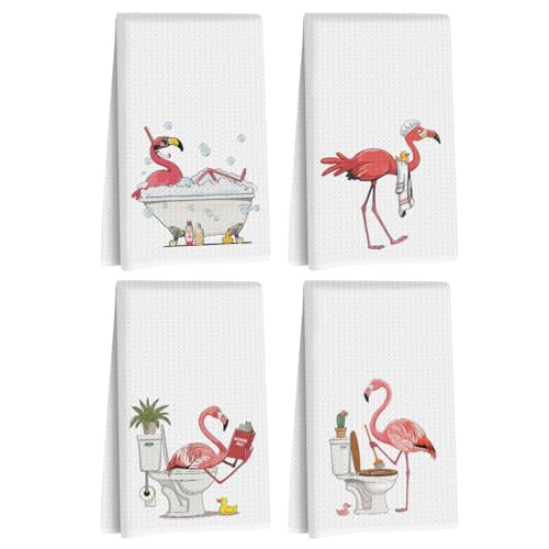 Image of 4 Pcs Funny Flamingo Hand Towels for Bathroom 24x14 Inch, Hot Pink Reusable Dish Towels for Bathroom Restroom Decor, Waffle Weave Absorbent Hand Cloth Tea Towel, Flamingo Gifts for Women Mom