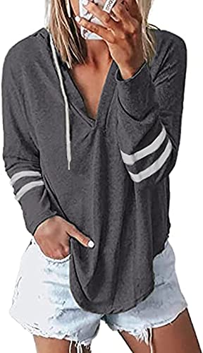 Image of Womens Long Sleeve V Neck Hoodie Sweatshirts Lightweight Pullover Tops