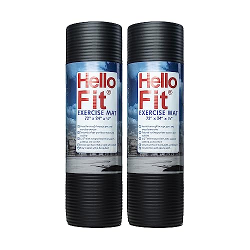 Hello Fit 1/2 Inch Thick Exercise Yoga Mats with Carrying Strap, 72 by 24 Inches, Pack of 2, Bulk Fitness Mat for Yoga, Pilates, or Workout, Non-Slip Rubber Gym Mats, Black