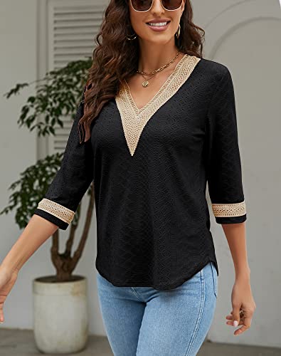 Liofoer Women's Casual 3/4 Sleeve Shirts Lace V Neck Color Block Dressy Tops Trendy Hollow Floral Blouses T Shirts S-Xxl Black #TOP2