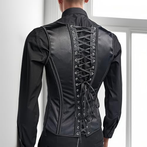 Mens Corset Suit Vest Vintage Waistcoat Black Slimm Fit Lace Up Boned 6 Buckles Tight Tops Wedding Stage4