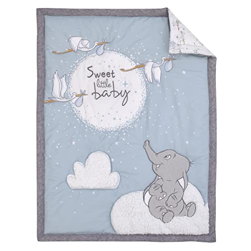Image of NoJo Disney Dumbo Sweet Little Baby Light Blue, Gray, and White Storks, Stars, Clouds and Moon 3 Piece Nursery Crib Bedding Set - Comforter, 100% Cotton Fitted Crib Sheet and Crib Skirt