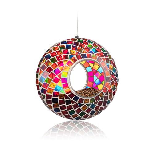 Backyard Expressions Hanging Glass Bird Feeder - Multicolor - Fly Through Bird Feeders for Outside, Mosaic Bird Feeder, Round Shape Wild Birdfeeder