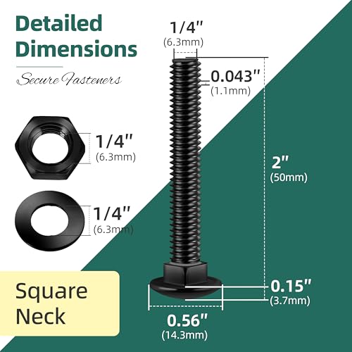 Image of (18 Sets) 1 /4-20 x 2 Carriage Bolts with Nuts and Washers, 304 Stainless Steel Round Head Square Neck 1 /4 Carriage Bolts Screws, Full Thread Black Oxided for Outdoor