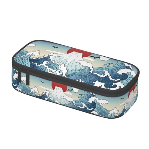 Image of Japanese Blue And White Waves And Mount Fuji Large Pencil Case, Pencil Pouch With Zipper Compartments Stationery Pencil Bag For Kids Teens Students School Supplies