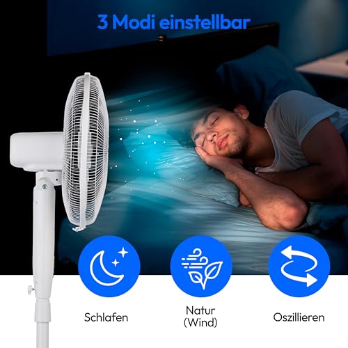 MEDION P21 SF Standventilator mit Fernbedienung (Ventilator leise, 3 Modi Schlafmodus Natur Oszilieren, 3 Geschwindigkeiten, verstellbare Höhe bis zu 130cm groß, Oszillation, Timerfunktion, MD12069)