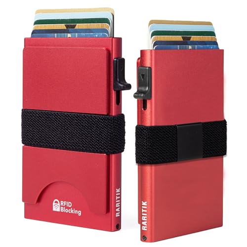 Image of Card Holder Wallets for Men | Slim Aluminum Wallet | RFID Blocking Minimalist Metal Pop Up Wallet | Money Clip & Cash Band | Expandable Compact Plate | Men's Accessories & Gifts for Men,Red