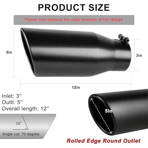 Image of 3 inch Inlet Exhaust tip, 3 inch Inlet 5 inch Outlet 12 inch Length Stainless Steel