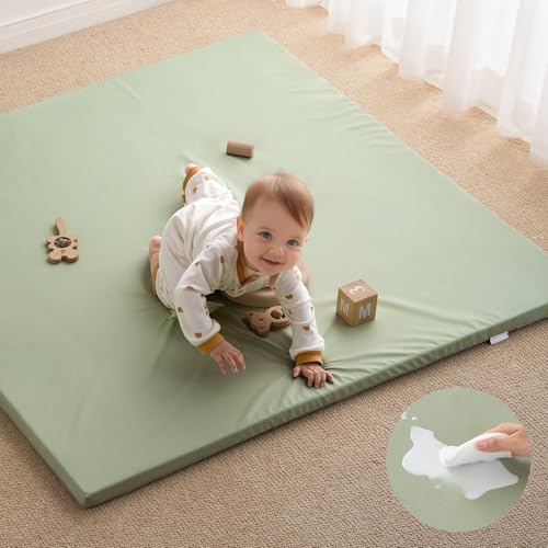 Blissful Diary Vegan Leather Baby Play Mat 47x47 Thicken Foam Cushioned & Waterproof Playpen Mat for Infants and Toddlers Stylish and Just Wipe-Clean Playmat for Baby Play on Floor Light Green