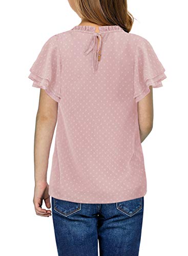 Dokotoo Girls' Fashion Cute 2022 Summer Crew Neck Flowy Ruffle Short Sleeve Smocked Pom Pom Dot Blouses Back Keyhole With Adjustable Tie Solid Casual Loose T Shirts Tops Pink 12-13 Years #TOP1