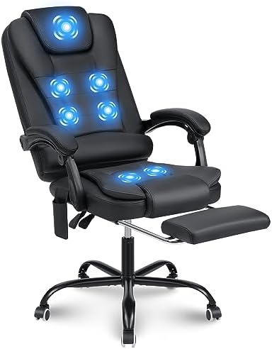 HOFFREE Executive Massage Office Chair with Footrest Reclining Home Office Chair Soft Leather High Back Computer Desk Chair with Lumbar Support Padded Armrest Adjustable Black