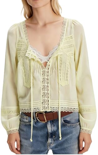 Image of Women Summer Sheer Tie Front Top Y2k Peplum Chiffon Blouse Eyelet Long Sleeve Flowy Lace Beach Cover Up Boho Tops