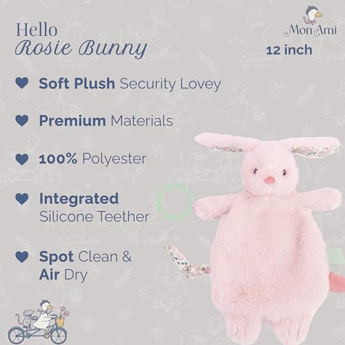 Image of MON AMI Rosie Bunny Security Blanket with Silicone Teether | 12-Inch Plush Lovey for Babies | Soothing Sensory Snuggle Toy | Perfect Newborn Essential for Birthdays & Baby Showers