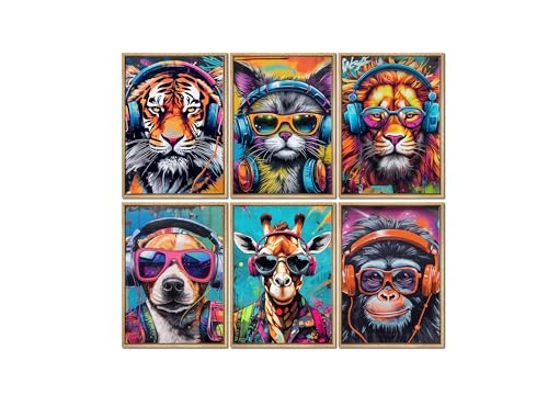 Bunte Graffiti-Tiere auf Leinwand, Wandkunst, Gamer, Kopfhörer,...