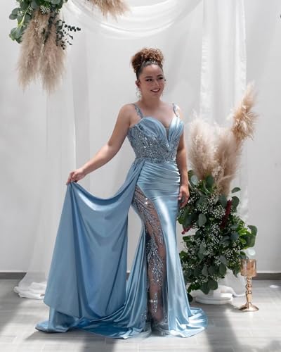 V Neck Satin Prom Dresses Long Mermaid Lace Evening Gown with Slit Pleated Bodycon Formal Dress with Tail3