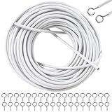 TYSM-CC Alambre de cortina recubierto de plástico blanco de 15 m con 50 ojales de tornillo y 50 ganchos para un montaje fácil, duradero y resistente a la corrosión, ideal para todas las cortinas