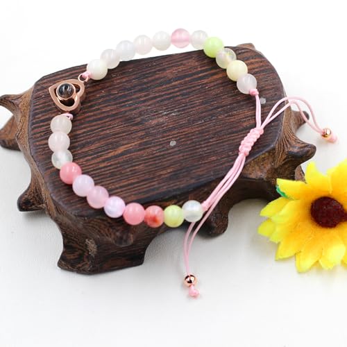 Image of Uloveido Mom Daughter Natural Stone Bracelets Gift - I Love You 100 Languages Bracelets Heart Charm Projection Bracelets Set for Mothers Daughters of 1 2 3pc YA4748