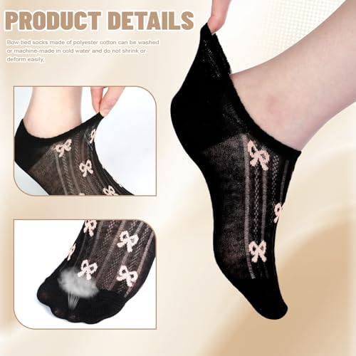 Image of Cutecrop 6 Pairs No Show Bow Socks Women Knit Coquette Cotton Breathable Ballet Style Cute Casual Hollow Mesh Socks for Women Low Cut Invisible Liner
