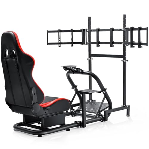 Dardoo Racing Simulator Cockpit with Triple Monitor Stand and Red Seat Fit for Logitech/Thrustmaster/Fanatec T500RS TX G29 G920 G923 CSL-DD, No Steering Wheel,Pedal,Handbrake